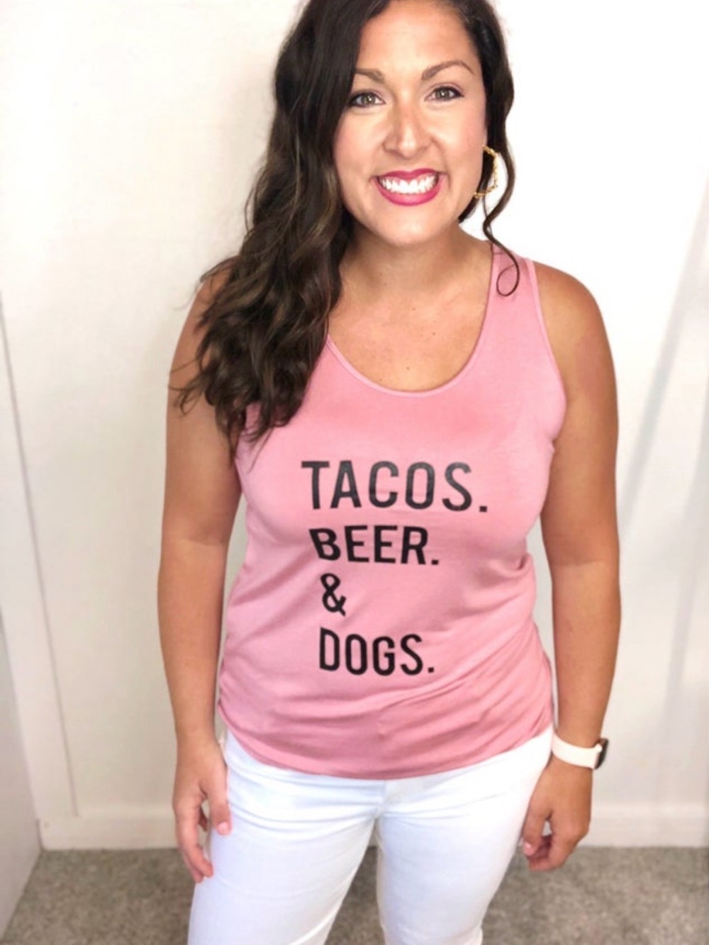 Pink Graphic Tank Top with Black Text-Tacos Beer & Dogs